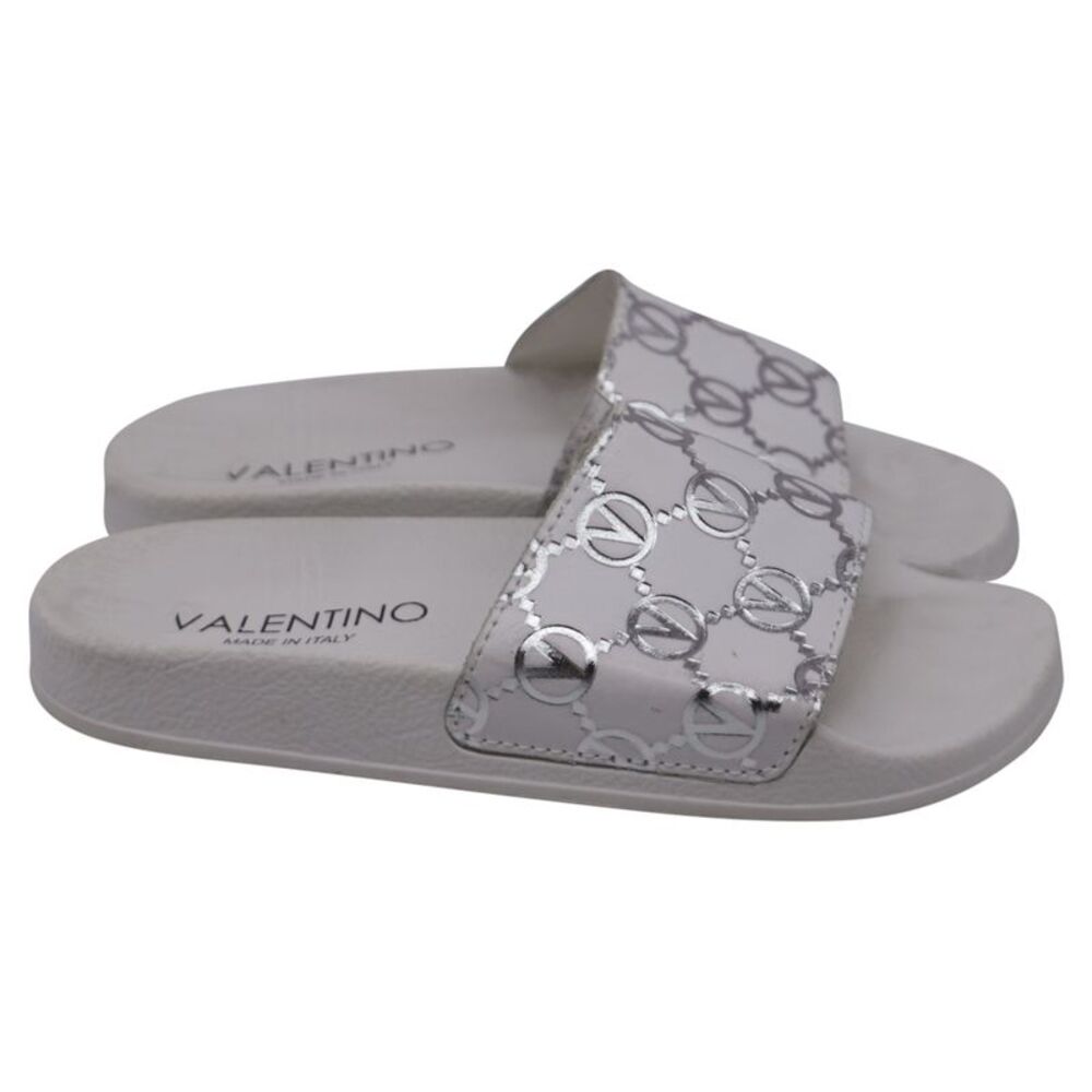 Valentino by Mario Valentino Monogram Slide Sandals in White Leather
